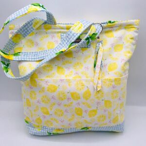 Basic Lizbet Library Market Tote Bag, Lemon Gingham 12 x 13.5 x 3" With Pockets